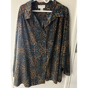 CST Studio Womens 5X Paisley Button Up Blouse Teal Blue Boho Long Sleeve Shirt